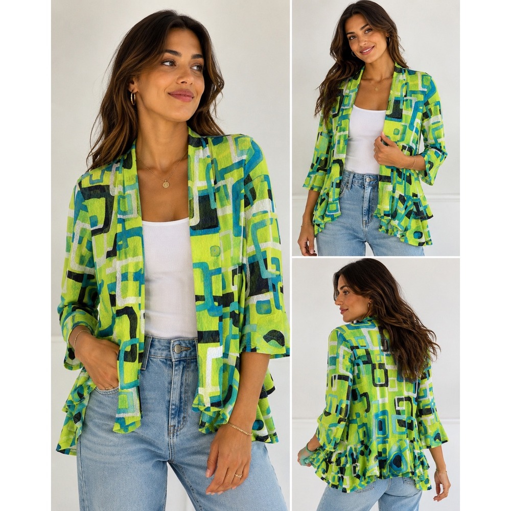 Multiples Geometric Cardigan Womens Medium Lime Green Ruffle Hem Boho Resort Top